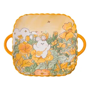 Cute ceramic double ear baking bowl with rabbit flower cartoon design for salad soup or pasta.