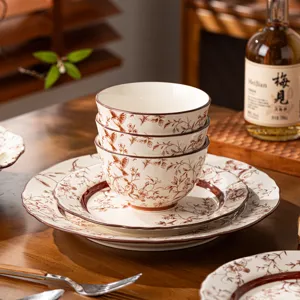 Ceramic tableware set underglaze color bowls and plates retro floral bird design home use