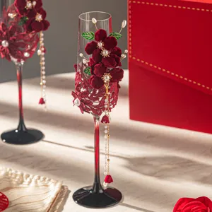 Wedding toast champagne glasses set with red velvet flowers lace and pearls for bride gift.