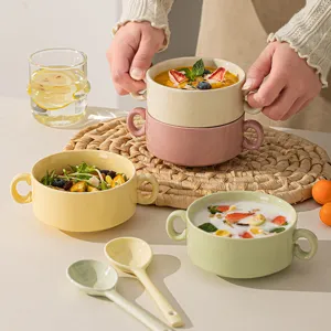 Bol à Double Oreille en Céramique Bol à Soupe Couleur Sous-Glaçure Créatif Bol à Salade Dessert Ménager Vaisselle