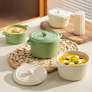 Ceramic Minimalist Striped Double Ear Covered Stew Bowl With Lid Matcha Green Milky White Soup Bowl Kitchen Tableware