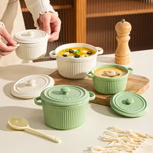 Ceramic double-eared lidded stew pot soup bowl, creative striped design for kitchen table.