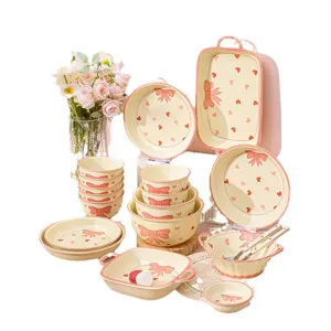 Set di stoviglie in ceramica stile ins con fiocco rosa e cuore, perfetto per uso domestico.