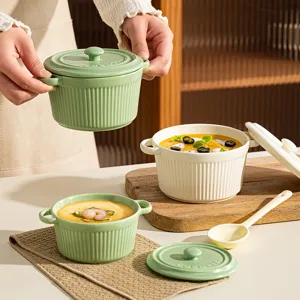 Ceramic double handle stew bowl with lid, elegant ribbed kitchen tableware for daily use.