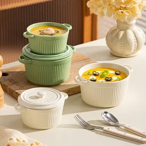 Ceramic striped double ear stew bowl lidded baking soup bowl tableware single portion