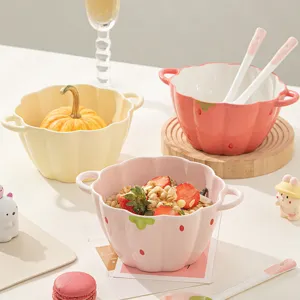 INS Cream Ceramic Double Ear Soup Bowl Cute Strawberry Floral Pattern Salad Ramen Bowl Microwave Safe Kitchen Tableware