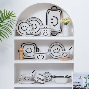 Ins Stijl Keramische Rijstkom en Schaal Servies Set Schattig Glimlach Patroon Modern Minimalistisch Thuis Keuken Servies