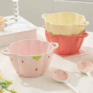 Ins Style Ceramic Double Ear Bowl Cute Strawberry Pattern Soup Noodle Bowl Tableware