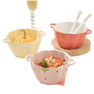 Ins cream ceramic bowl double-eared soup ramen bowl cute tableware home kitchen dining setup
