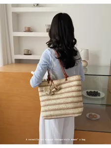 Summer straw woven tote bag for women large capacity vintage casual shoulder handbag.