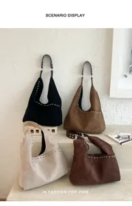 Wildleder Hobo Umhängetasche für Damen, große Nieten Tote Bag, stilvolle Pendler Achseltasche.