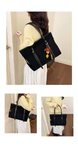 Gran bolso tote de ante negro para mujer, elegante bolso de hombro minimalista para el trabajo.