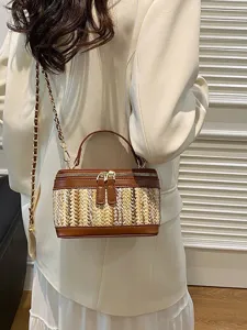 Women Woven Straw Box Bag Summer Beach Crossbody Handbag Zipper Chain Shoulder Bag