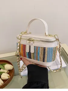 Stylish colorblock woven box bag with chain strap for women summer fashion handbag