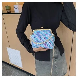 Women floral kiss lock shoulder bag pearl chain crossbody handbag stylish daily