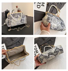 Elegant women jacquard shoulder bag with pearl handle and metal chain for daily fashion style