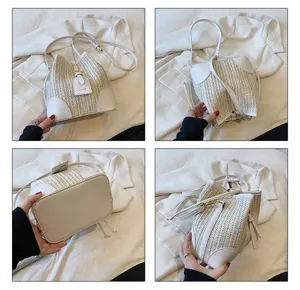 Detailed view of women summer straw woven bucket bag, stylish shoulder bag with drawstring design.