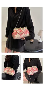 Chinese style jacquard handbag elegant pearl handle crossbody bag vintage embroidery shoulder bag