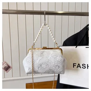 Elegant white embroidered handbag with pearl handle and chain strap for women detail view