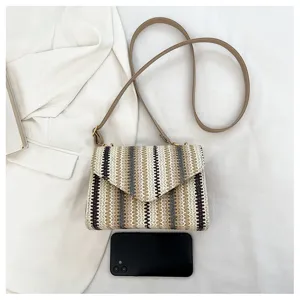 Fashion colorful striped straw woven crossbody bag, casual summer beach shoulder handbag for women.