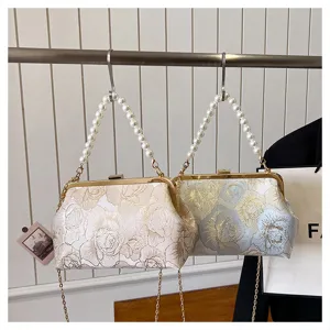Chinese style retro pearl chain handbag elegant rose jacquard kiss-lock shoulder crossbody bag