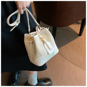 Women Summer Woven Bucket Bag PU Leather Trim Drawstring Casual Crossbody Handbag Beige