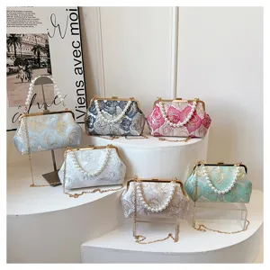 Chinese style vintage embroidered jacquard handbag with pearl handle and metal chain for women