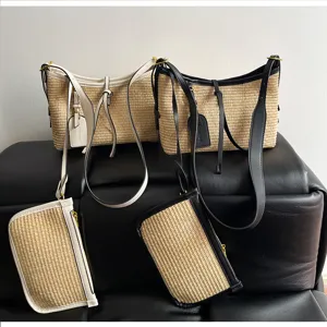 Summer Woven Straw Underarm Bag Chic Contrast Color Shoulder Bag With Pouch Fashion Women