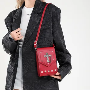 Gothic Punk Style PU Leather Crossbody Bag With Vintage Metal Cross Chain And Star Rivets Women Mini Shoulder Bag