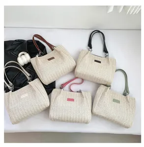 Summer woven straw tote bag with multi-color shoulder straps casual beach handbag