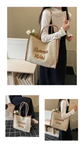 Large capacity woven straw tote bag, casual summer beach handbag with embroidered design for women.