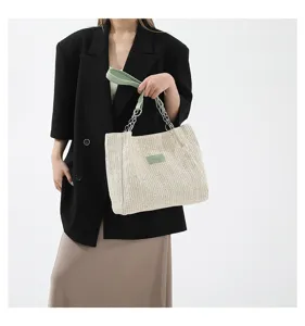 Woven straw tote bag with green chain straps for women summer beach vacation casual handbag