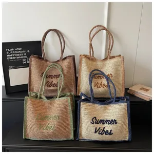Large capacity woven straw tote bag for women, casual fashion shoulder bag, beach resort style.