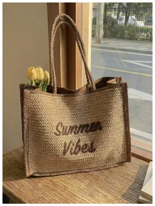 Woven straw tote bag for women, large capacity casual shoulder bag for beach vacation and daily use.