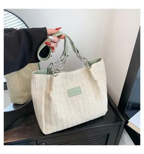 Summer beach woven straw tote bag with chain strap and leather handle for women casual use