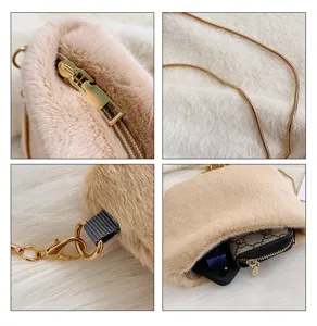 Detailed view of women's autumn winter plush cross-body bag featuring soft faux fur and chain strap.