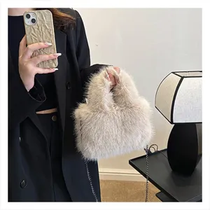 Plush fluffy chain crossbody bag detail view, soft faux fur texture for autumn winter.