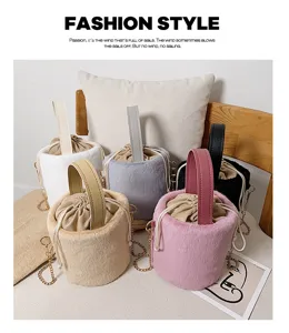 Fluffy plush bucket bag for women winter cute handbag soft faux fur shoulder bag style