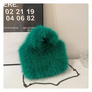 Green fluffy plush shoulder bag with metal chain strap autumn winter fuzzy handbag