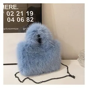 Detailed close-up view of light blue plush fluffy handbag featuring a chic black chain strap.