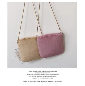 Autumn winter candy color fluffy plush shoulder crossbody chain bag for women and students.