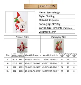 Tableau des tailles du costume de Noël Père Noël pour animal avec mesures détaillées.