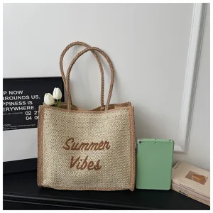 Large capacity woven straw shoulder tote bag, casual summer beach resort handbag with lettering.