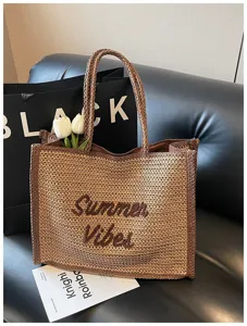 Large capacity woven straw handbag for women, casual fashion shoulder tote bag for vacation and beach.