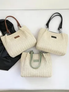 Women's Summer Beach Vacation Straw Woven Tote Bag Casual PU Leather Splice Shoulder Handbag Bucket Bag