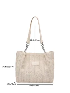 Woven straw tote bag with chain straps, stylish summer beach shoulder bag for women.