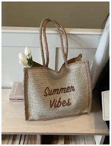 Large capacity woven straw tote bag for women, casual beach vacation shoulder bag.