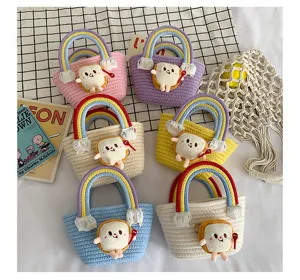 Cute toast plush pendant rainbow woven handbag bucket bag sweet style small basket bag