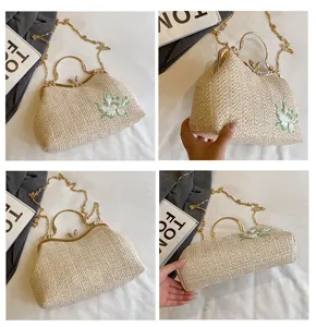 Woven straw handbag stylish floral embroidered crossbody shoulder bag with chain strap