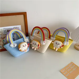 Cute toast doll rainbow woven bucket bag with tassel handles, sweet style daily handbag.